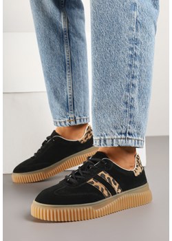 Czarne Skórzane Sneakersy Klasyczne Tenisówki z Zamszu Naturalnego ze Wzorem w Panterkę Teniresela ze sklepu born2be.pl w kategorii Buty sportowe damskie - zdjęcie 185625289