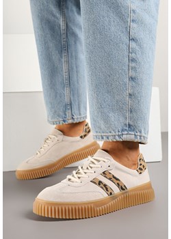 Beżowe Skórzane Sneakersy Klasyczne Tenisówki z Zamszu Naturalnego ze Wzorem w Panterkę Teniresela ze sklepu born2be.pl w kategorii Buty sportowe damskie - zdjęcie 185625295