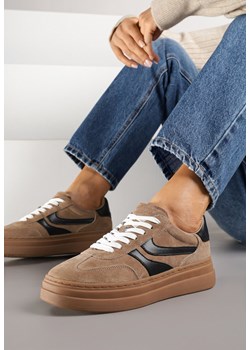 Brązowe Zamszowe Sneakersy Tenisówki Ozdobione Geometrycznym Motywem Nalivette ze sklepu renee.pl w kategorii Buty sportowe damskie - zdjęcie 185625336