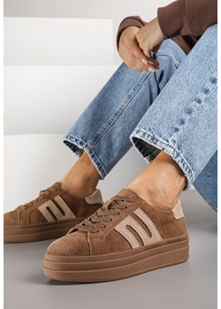 Brązowe Sneakersy Zamszowe na Platformie z Wkładką ze Skóry Naturalnej i Aplikacją Rilarina ze sklepu renee.pl w kategorii Buty sportowe damskie - zdjęcie 185626349