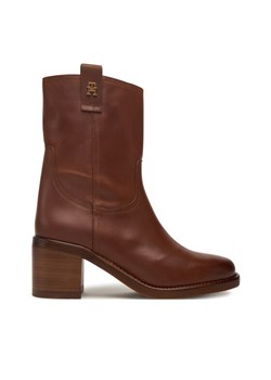 Tommy Hilfiger Botki Riding Lthr Mid Boot Block Heel FW0FW08776 Brązowy ze sklepu MODIVO w kategorii Botki - zdjęcie 185653847