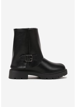 Czarne Botki w Stylu Biker z Wywiniętą Cholewką i Kwadratową Klamrą Jeilly ze sklepu born2be.pl w kategorii Buty zimowe dziecięce - zdjęcie 185664656