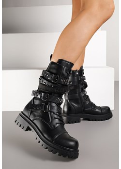 Czarne Botki Workery z Paskami z Ćwiekami i Klamrami w Rockowym Stylu Zarfina ze sklepu born2be.pl w kategorii Workery damskie - zdjęcie 185711195