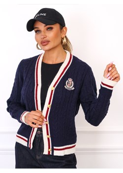 SWETER KARDIGAN Z WARKOCZOWYM SPLOTEM ZAPINANY NA GUZIKI-  GRANATOWY ze sklepu olika.com.pl w kategorii Swetry damskie - zdjęcie 185735606