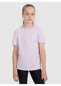 Dziewczęcy t-shirt z nadrukiem 4F 4FJWAW25TTSHF2388 - fioletowy ze sklepu Sportstylestory.com w kategorii Bluzki dziewczęce - zdjęcie 185769887