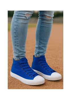 Klasyczne niebiesko białe trampki damskie z wysoką cholewką /G1-1 16734 G9-84/ ze sklepu Pantofelek24.pl w kategorii Trampki damskie - zdjęcie 185795276
