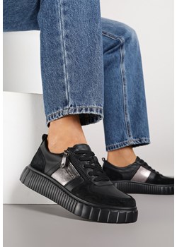 Czarne Skórzane Sneakersy Zdobione Metaliczną Wstawką Cerelie ze sklepu born2be.pl w kategorii Buty sportowe damskie - zdjęcie 185808229