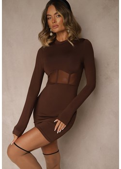 Brązowa Sukienka Vices Bodycon z Transparentną Wstawką Typu Gorset Necotte ze sklepu renee.pl w kategorii Sukienki - zdjęcie 185812127