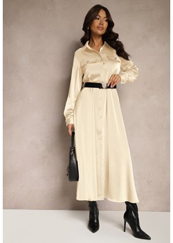 Beżowa Satynowa Sukienka w Stylu Szmizjerki z Imitacjami Kieszeni i Paskiem Vaminay - id: GM8236-42-BEIGE - marki Renee - 185814647 Beżowa Satynowa Sukienka w Stylu Szmizjerki z Imitacjami Kieszeni i Paskiem Vaminay ze sklepu renee.pl w kategorii Sukienki - zdjęcie 185814647