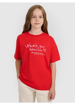 Dziewczęcy t-shirt z nadrukiem 4F 4FJRAW25TTSHF3188 - czerwony ze sklepu Sportstylestory.com w kategorii Bluzki dziewczęce - zdjęcie 185837578