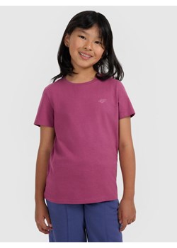 Dziewczęcy t-shirt bez nadruku 4F 4FJRAW25TTSHF3233 - fioletowy ze sklepu Sportstylestory.com w kategorii Bluzki dziewczęce - zdjęcie 185837698