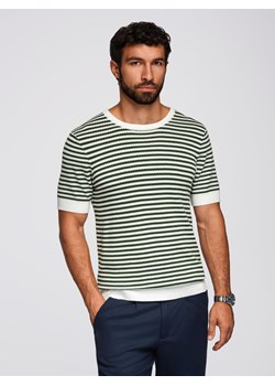 Męski dzianinowy t-shirt w marynarskie paski z ażurowym splotem – oliwkowo-biały V3 OM-TSCT-0255 ze sklepu ombre w kategorii T-shirty męskie - zdjęcie 185843405