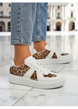 Damskie Sneakersy Calista Leopardia – Białe Skóra Eko Tkanina Wiosna 4cm ze sklepu royalfashion.pl w kategorii Buty sportowe damskie - zdjęcie 185844965