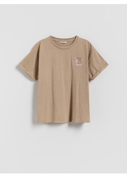 Reserved - T-shirt z nadrukiem i haftem - beżowy ze sklepu Reserved w kategorii Bluzki dziewczęce - zdjęcie 185848756