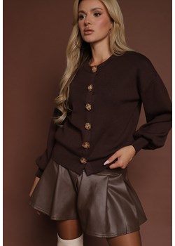 Brązowy Kardigan z Wiskozą Zdobiony Eleganckimi Napami i Bufiastymi Rękawami Acannte ze sklepu renee.pl w kategorii Swetry damskie - zdjęcie 185852296