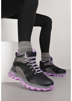 Czarno-Fioletowe Buty Trekkingowe Trapery Vices Ozdobione Przeszyciami Narrive ze sklepu born2be.pl w kategorii Workery damskie - zdjęcie 185853719