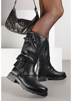 Czarne Botki Biker Boots Zdobione Klamerkami i Kieszonką Nalinnea ze sklepu renee.pl w kategorii Botki - zdjęcie 185921587