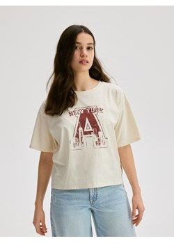 Reserved - T-shirt z kryształkami i nadrukiem - kremowy ze sklepu Reserved w kategorii Bluzki dziewczęce - zdjęcie 185945918