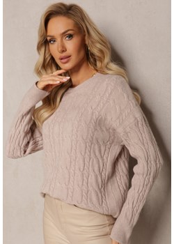 Beżowy Sweter z Okrągłym Dekoltem i Splotem w Warkocze Dawnitta - id: KTH2335-42-BEIGE - marki Renee - 185952848 Beżowy Sweter z Okrągłym Dekoltem i Splotem w Warkocze Dawnitta ze sklepu renee.pl w kategorii Swetry damskie - zdjęcie 185952848
