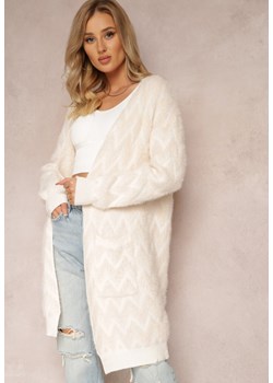 Jasnobeżowy Niezapinany Kardigan o Przedłużonym Fasonie w Zygzaki Chevron Oherna - id: 2340-A-299-CREAM - marki Renee - 185952998 Jasnobeżowy Niezapinany Kardigan o Przedłużonym Fasonie w Zygzaki Chevron Oherna ze sklepu renee.pl w kategorii Swetry damskie - zdjęcie 185952998