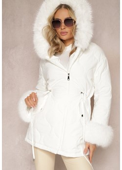 Biała Kurtka Zimowa z Szerokim Kapturem z Futerkiem i Troczkami w Pasie Anelri ze sklepu renee.pl w kategorii Kurtki damskie - zdjęcie 185953095