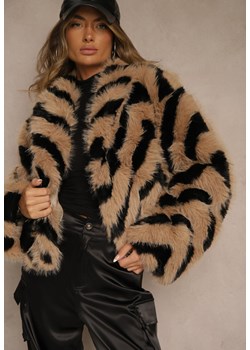 Brązowo-Czarna Kurtka Futerko Zdobiona Wzorem w Paski Alindde - id: AG8-8256-188-CAMEL/BLACK - marki Renee - 185953938 Brązowo-Czarna Kurtka Futerko Zdobiona Wzorem w Paski Alindde ze sklepu renee.pl w kategorii Futra damskie - zdjęcie 185953938