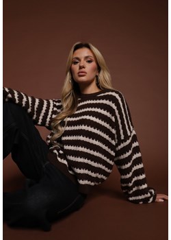 Ciemnobrązowy Oversizowy Sweter w Paski z Dzianiny z Wełną i Wiskozą Aventole ze sklepu renee.pl w kategorii Swetry damskie - zdjęcie 185954225