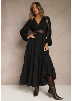 Czarna Kopertowa Sukienka Vices o Rozkloszowanym Kroju Resvima ze sklepu renee.pl w kategorii Sukienki - zdjęcie 185954526