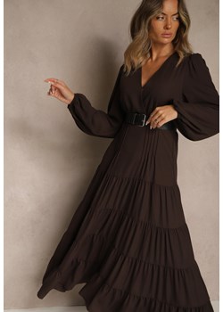 Brązowa Kopertowa Sukienka Vices o Rozkloszowanym Kroju Resvima ze sklepu renee.pl w kategorii Sukienki - zdjęcie 185954528