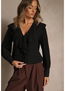 Czarna Koszula Vices z Dekoltem z Falbanami i Bufiastymi Rękawami Zoiruna - id: ART-XL144-38-BLACK - marki Renee - 185954545 Czarna Koszula Vices z Dekoltem z Falbanami i Bufiastymi Rękawami Zoiruna ze sklepu renee.pl w kategorii Koszule damskie - zdjęcie 185954545