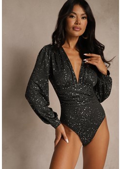 Czarne Marszczone Body Vices Zdobione Metalicznym Nadrukiem Cettania - id: ART-PL3-38-BLACK - marki Renee - 185954605 Czarne Marszczone Body Vices Zdobione Metalicznym Nadrukiem Cettania ze sklepu renee.pl w kategorii Bluzki damskie - zdjęcie 185954605