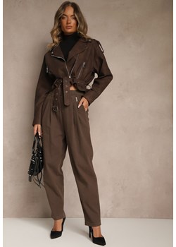 Brązowe Spodnie High Waist z Bawełny o Szerokim Kroju Nalitia ze sklepu renee.pl w kategorii Spodnie damskie - zdjęcie 185954769