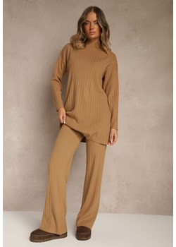 Brązowy Komplet z Dzianiny z Bawełną Spodnie Wide Leg i Sweter Lanneia - id: 5350-M-54-BROWN - marki Renee - 185955057 Brązowy Komplet z Dzianiny z Bawełną Spodnie Wide Leg i Sweter Lanneia ze sklepu renee.pl w kategorii Komplety i garnitury damskie - zdjęcie 185955057