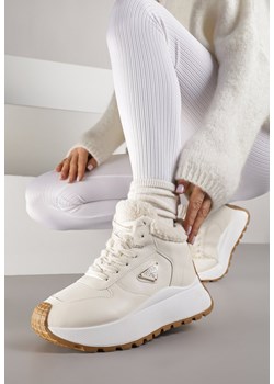 Beżowe Sneakersy Śniegowce Vices na Platformie Ozdobione Trójkątną Aplikacją Ficebia ze sklepu renee.pl w kategorii Buty sportowe damskie - zdjęcie 185955147
