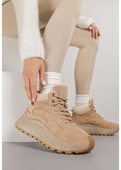 Jasnobrązowe Sneakersy Śniegowce  Vices na Platformie Ozdobione Napisem i Futerkiem Lanite ze sklepu renee.pl w kategorii Buty sportowe damskie - zdjęcie 185955168