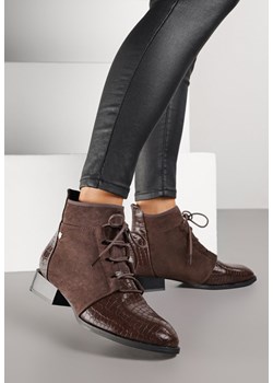 Brązowe Sznurowane Botki do Kostki Vices Zdobione Tłoczeniem Skóry Węża Wedvire - id: XL23-54-BROWN - marki Renee - 185955806 Brązowe Sznurowane Botki do Kostki Vices Zdobione Tłoczeniem Skóry Węża Wedvire ze sklepu renee.pl w kategorii Botki - zdjęcie 185955806