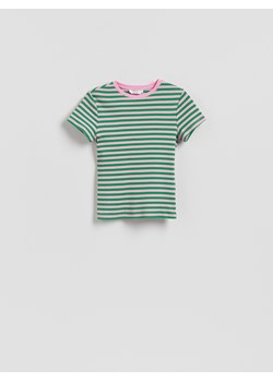 Reserved - Bawełniany t-shirt w paski - zielony - id: 906HI-77X - marki Reserved - 186002719 Reserved - Bawełniany t-shirt w paski - zielony ze sklepu Reserved w kategorii Bluzki damskie - zdjęcie 186002719