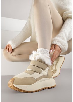 Beżowe Sneakersy Śniegowce Vices na Grubej Podeszwie z Zapięciem na Rzep i Futrem Nelisella ze sklepu born2be.pl w kategorii Buty sportowe damskie - zdjęcie 186004337