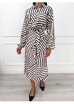 Beżowo-Brązowa Sukienka Midi w Geometryczny Wzór ze sklepu ModnaKiecka.pl w kategorii Sukienki - zdjęcie 186016546