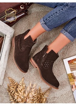 Aurelia Verona - Brązowe botki zamszowe damskie z naturalnej skóry, 3 cm obcas ze sklepu royalfashion.pl w kategorii Botki - zdjęcie 186085579