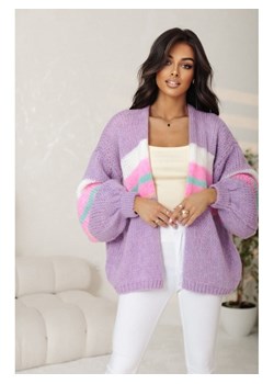 krótki pastelowy sweter rozpinany ema w paski polski producent j&k premium - liliowy ze sklepu STYLOWO w kategorii Swetry damskie - zdjęcie 186090929