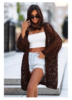 sweter kardigan narzutka ażur irma polski producent j&k premium -  brązowy ze sklepu STYLOWO w kategorii Swetry damskie - zdjęcie 186091138