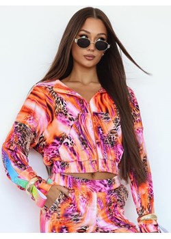 welurowy dres besti multicolor la perla bluza kangurka + krótkie spodenki + top - pomarańczowy print ze sklepu STYLOWO w kategorii Dresy damskie - zdjęcie 186091306