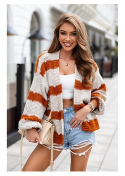 krótki rozpinany kardigan sweter axos w paski polski producent j&k premium - beż + orange ze sklepu STYLOWO w kategorii Swetry damskie - zdjęcie 186091376