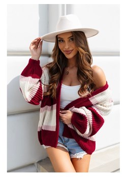 krótki kardigan sweter oversize ritmo w paski polski producent j&k premium - bordo ze sklepu STYLOWO w kategorii Swetry damskie - zdjęcie 186091437