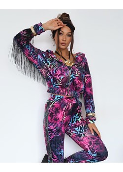 welurowy dres besties frędzle la perla bluza + top + spodnie z czarnymi lampasami - print różowy ze sklepu STYLOWO w kategorii Dresy damskie - zdjęcie 186091466