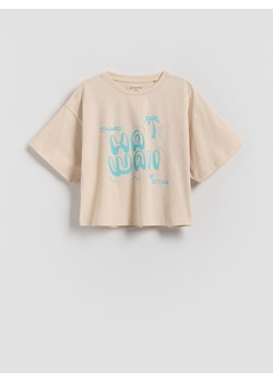 Reserved - Bawełniany t-shirt z nadrukiem - beżowy ze sklepu Reserved w kategorii Bluzki dziewczęce - zdjęcie 186131807
