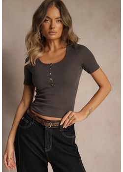 Ciemnoszary Bawełniany T-shirt Prążkowany z Guzikami Florvivi ze sklepu renee.pl w kategorii Bluzki damskie - zdjęcie 186139207
