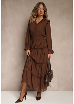 Brązowa Sukienka VICES Koszulowa z Falbaną w Rustykalnym Stylu Arivite ze sklepu renee.pl w kategorii Sukienki - zdjęcie 186171678