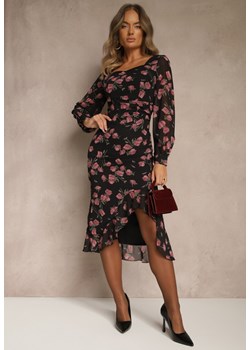 Czarno-Różowa Sukienka VICES o Taliowanym Kroju z Falbankami i Bufiastymi Rękawami Tevite ze sklepu renee.pl w kategorii Sukienki - zdjęcie 186171728